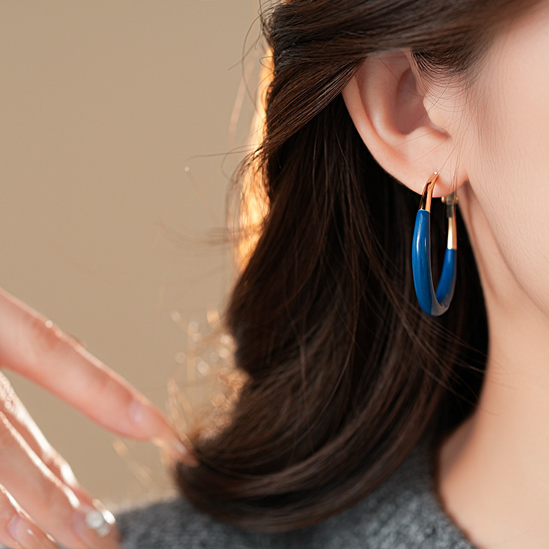 银针跨境蓝色滴油圆形耳环时尚潮流欧美风耳圈夸张设计感耳饰批发详情8