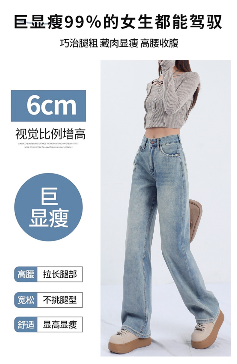稚橘#磨破后口袋设计感窄版阔腿牛仔裤女高腰宽松显瘦百搭直筒裤详情7