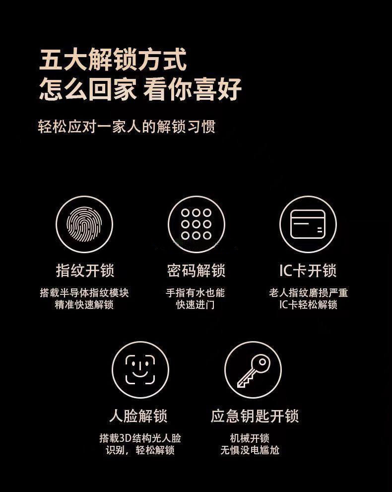 The black smart door lock features a 3D facial recognition screen, a digital keyboard, a handle and a lock tongue structure pic 14