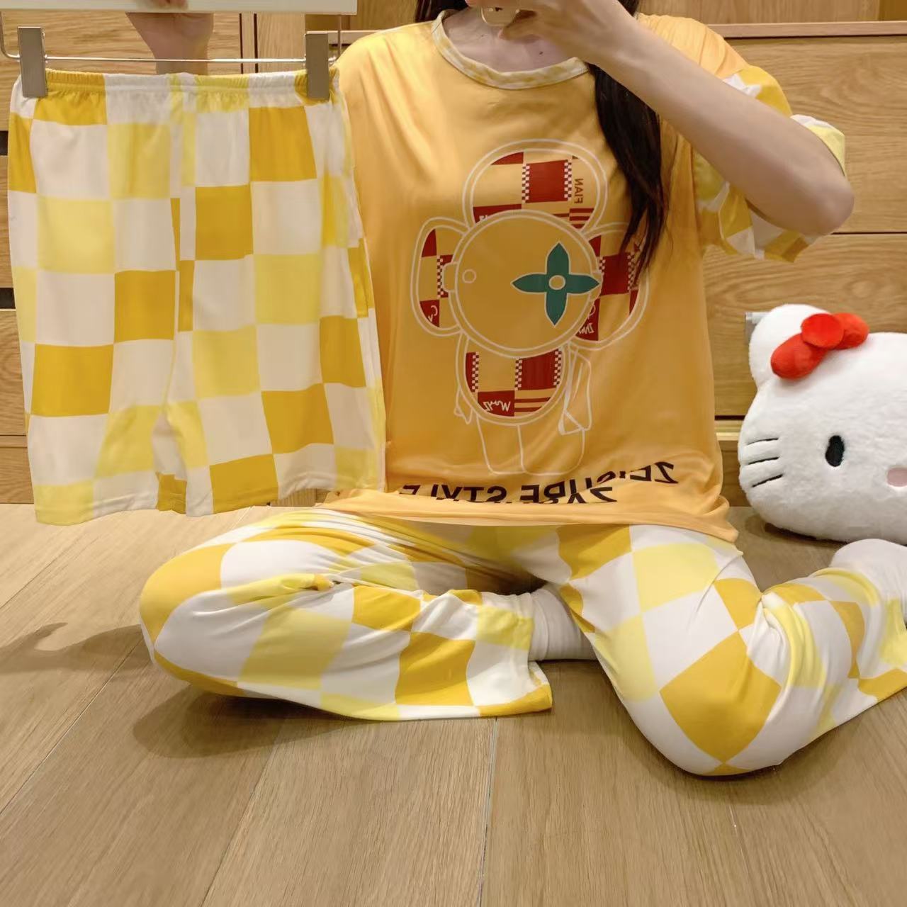 pajamas外贸工厂批发卡通夏季睡衣女短袖大码长裤三件套家居套装详情31