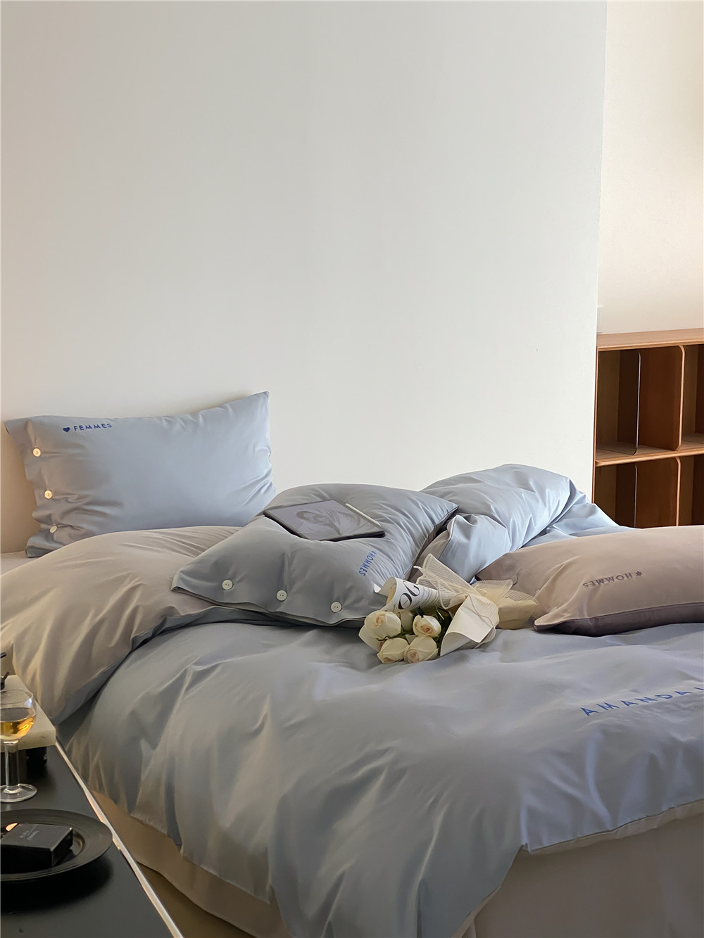 Simple, light luxury and fashionable solid-color long-staple cotton four-piece set, pure cotton letter-embroidered duvet cover, double bedding pic 26