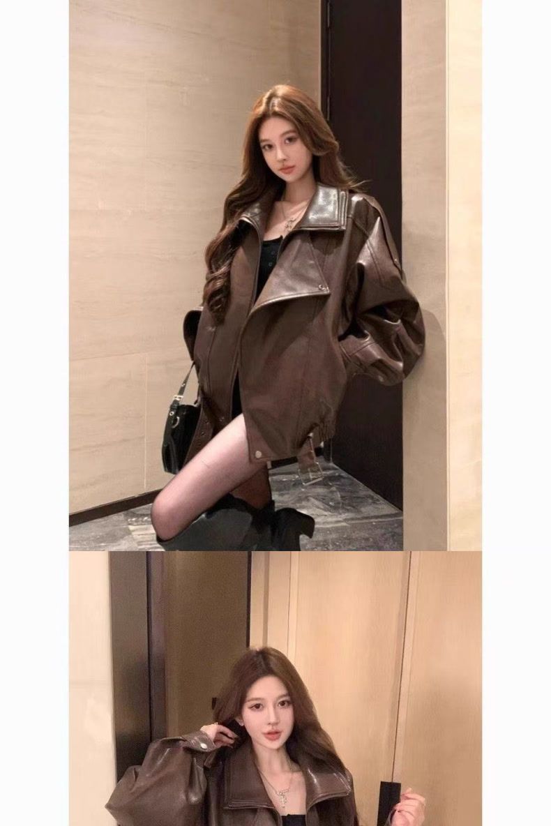 美式复古又酷又飒PU皮夹克外套女秋冬新款辣妹帅气宽松机车服上衣详情2