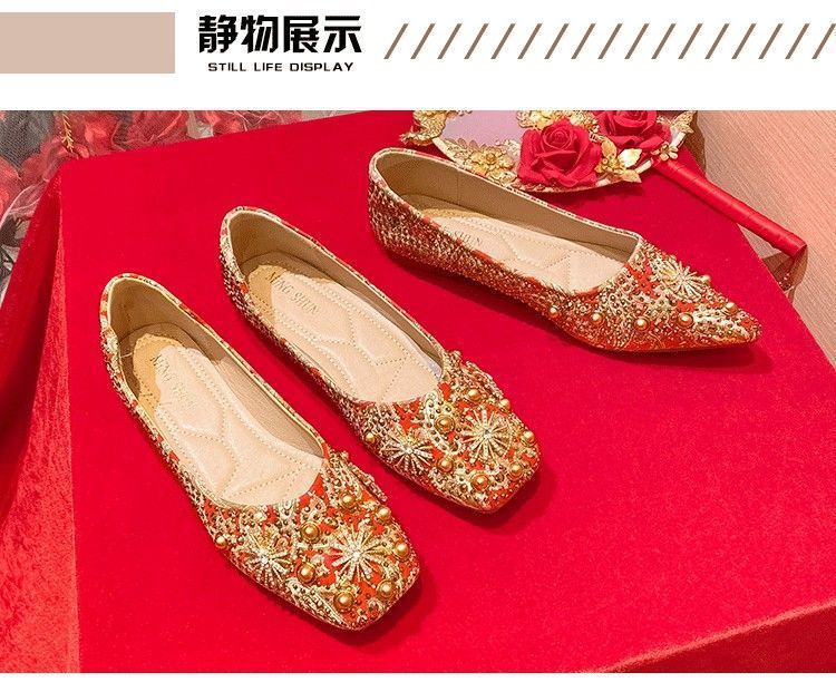 国潮国潮国潮中国风方头浅口红色婚鞋女低跟平底水钻软底防滑孕妇秀禾服新娘鞋国潮国潮详情10