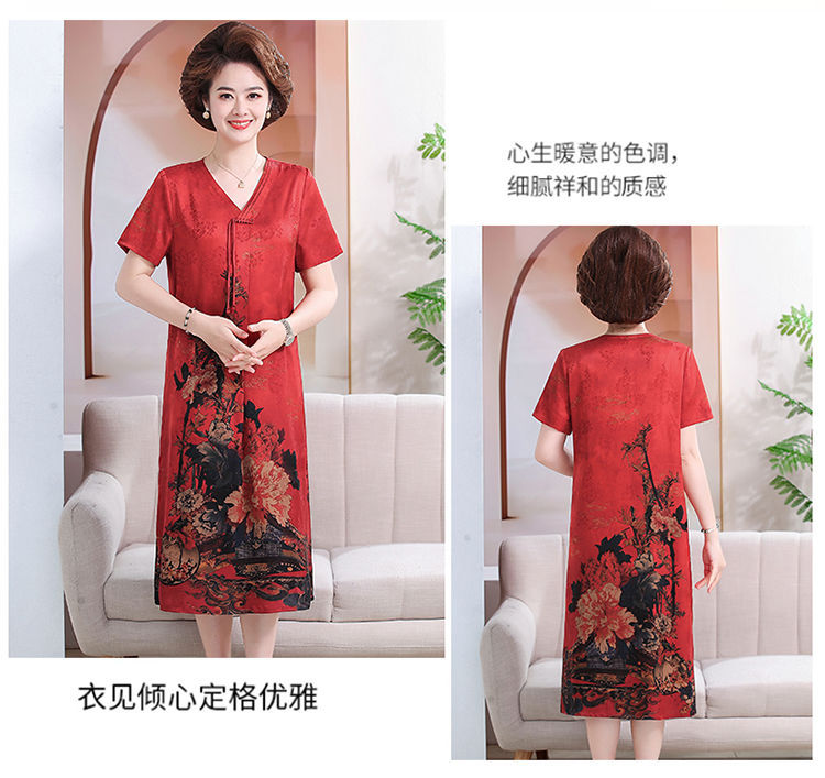 Mom 2024 New Chinese-style faux silk summer New printed dress, a loose and stylish mid-length dress for middle-aged and elderly people pic 8