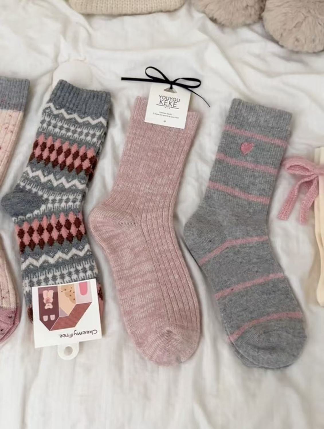 粉色系列暖秋袜子女中筒袜森系氛围感少女jk蝴蝶结百搭校园堆堆袜详情6