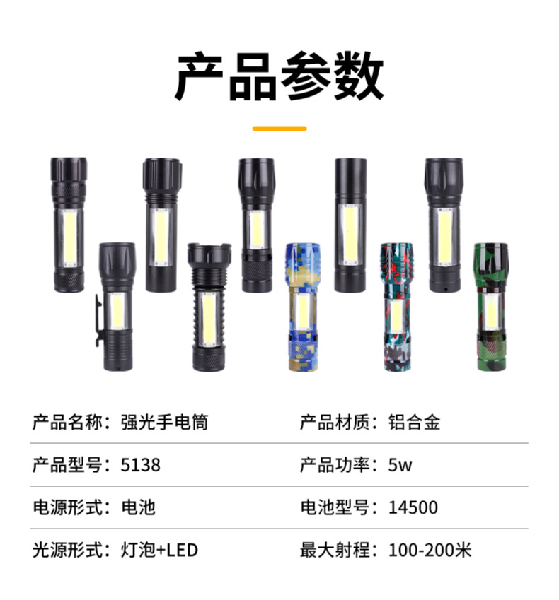 Mini outdoor high-intensity rechargeable flashlight, COB side light, aluminum alloy led plastic portable 511 small flashlight pic 14