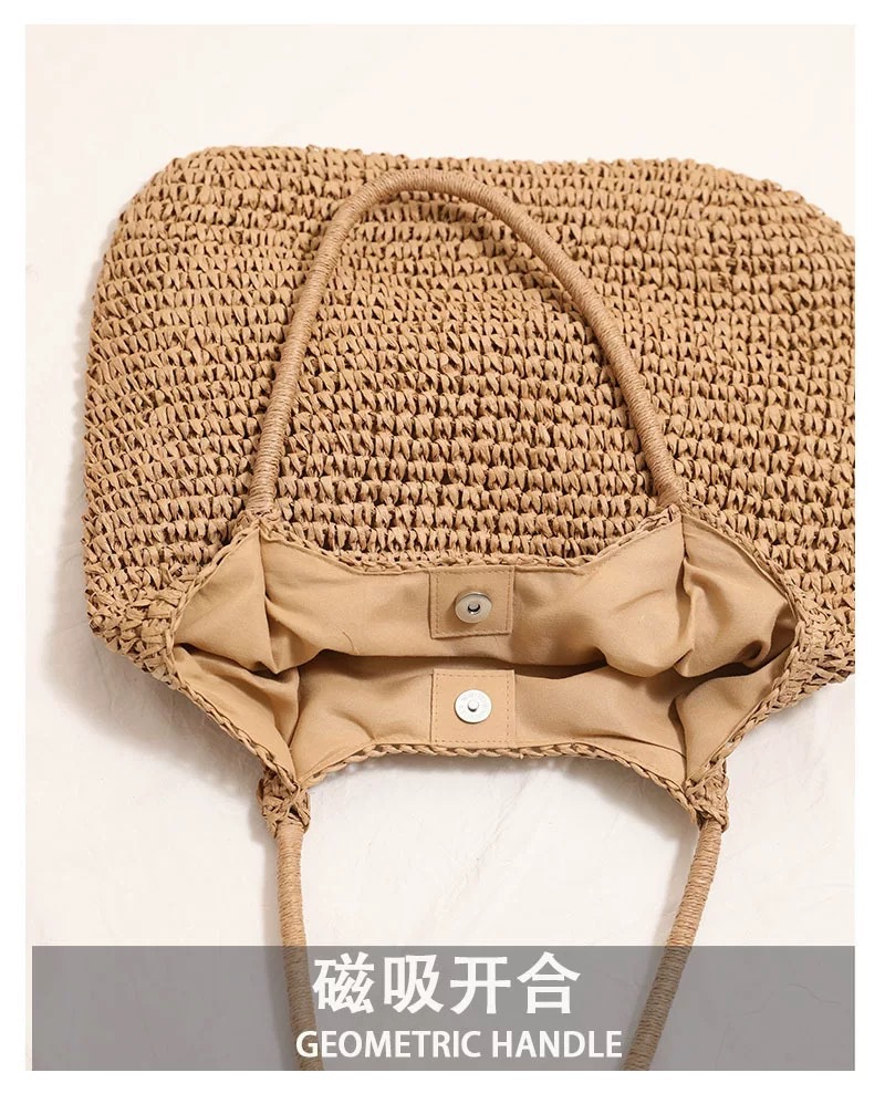 跨境草编包大容量简约托特草编包手工编织包通勤托特包腋下单肩包草包沙滩包草编包详情4