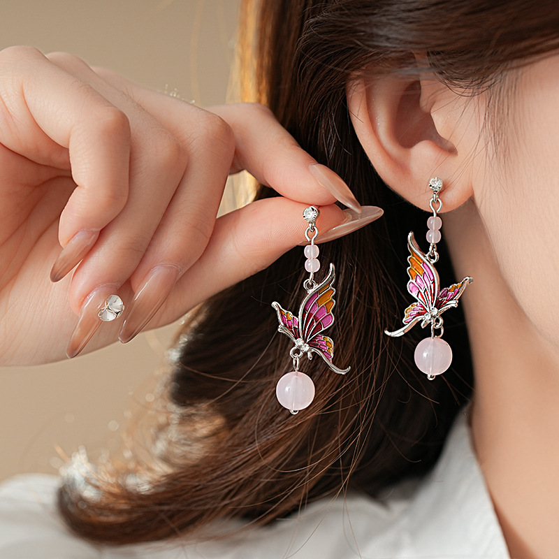 银针滴油蝴蝶树脂圆形耳钉甜美气质高级感耳环森系小清新耳饰批发详情2