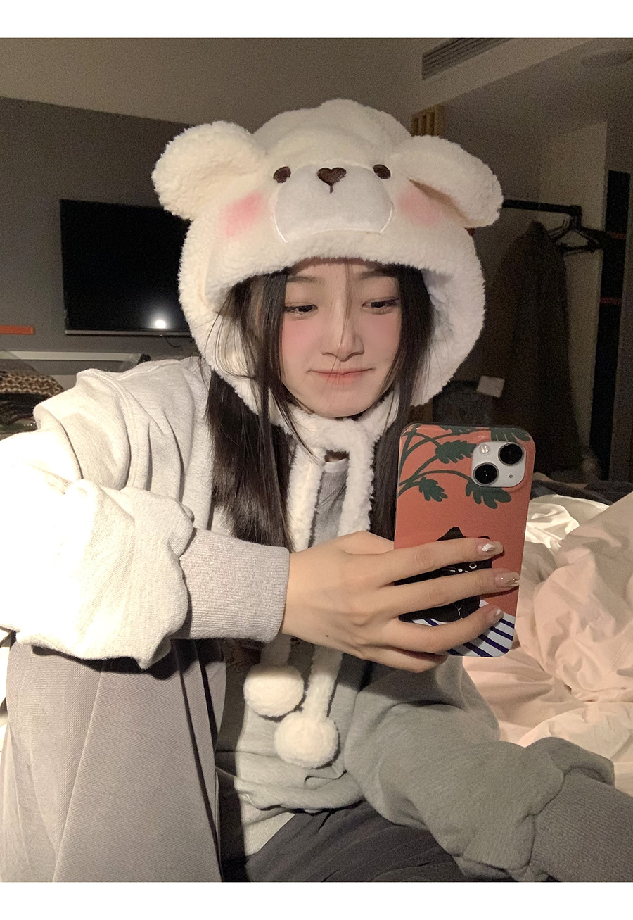 Cute blush bear hat for women, thick and warm ear-protecting hood for autumn and winter, lamb fur Lei Feng hat for cycling pic 8