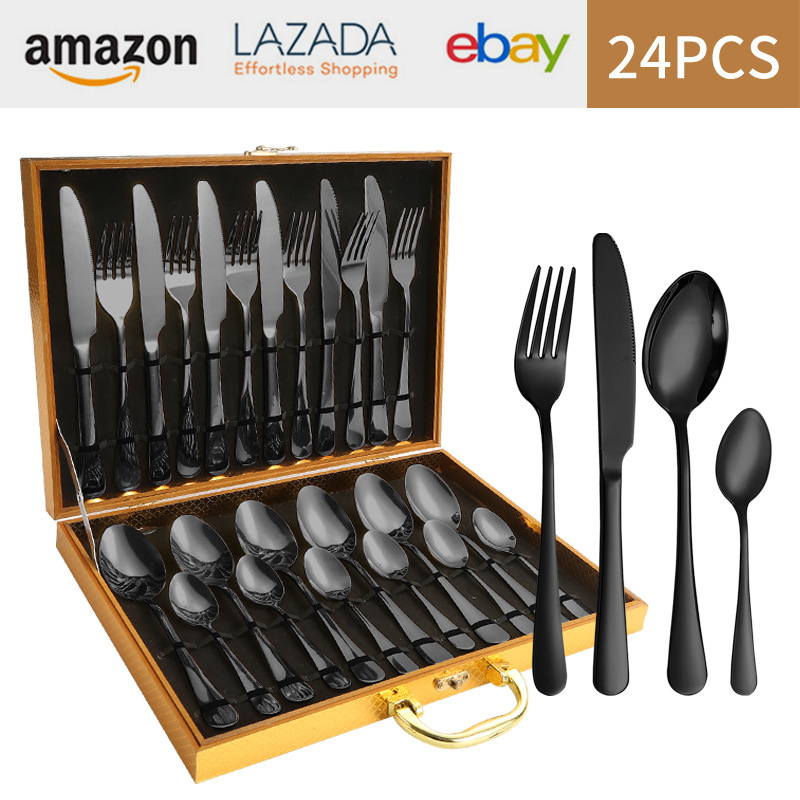 亚马逊1010不锈钢餐具24件餐具套装金色刀叉勺四主件跨境礼盒套装详情27