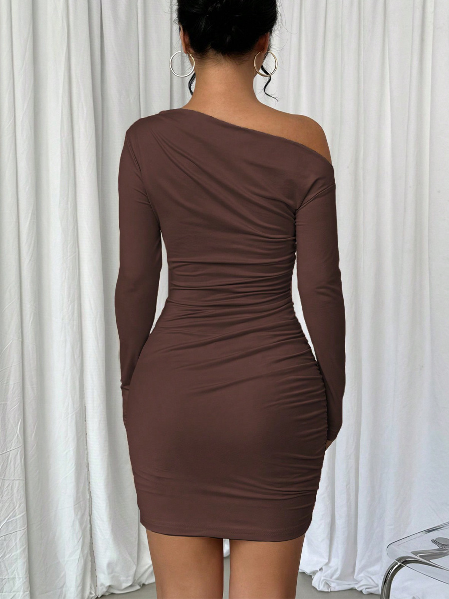 Cross-border foreign trade ins European and American solid-color fitted dress 2025 Autumn new style off-the-shoulder long-sleeved dress, body-hugging dress pic 7