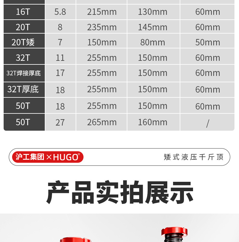 HUGO千斤頂10噸50噸強(qiáng)承重汽車用液壓立式便攜款矮式液壓千斤頂詳情24