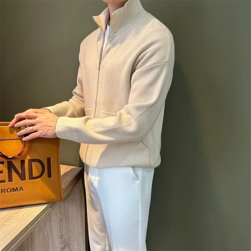 轻奢立领针织开衫外套男士春秋新款简约拉链纯色长袖毛衣男士上衣详情6