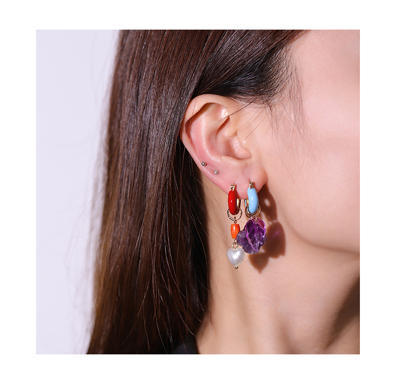 肯杰ins风琉璃珠天然石个性桃心滴油珐琅不对称耳环女式欧美hoop详情5