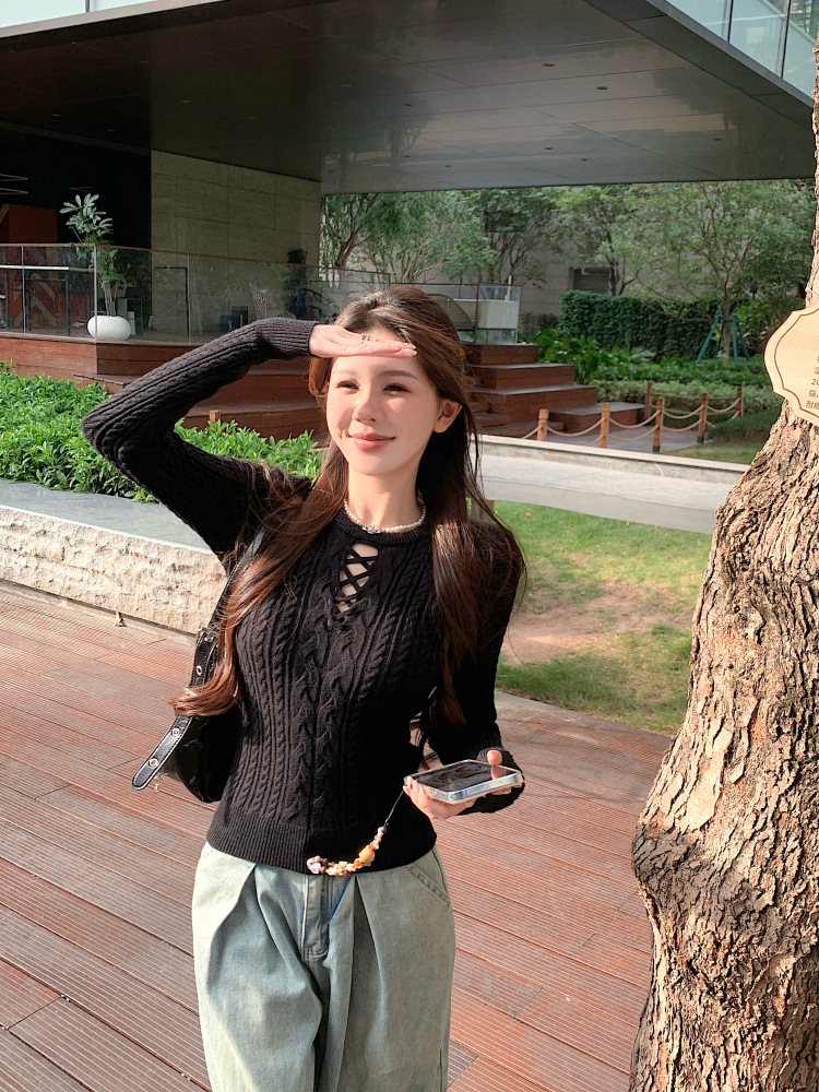 白色圆领镂空针织衫女秋冬修身长袖麻花毛衣打底内搭辣妹紧身上衣详情29