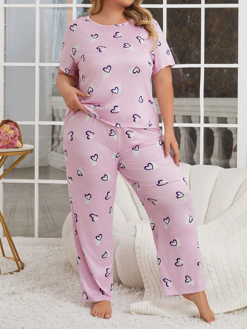 跨境秋冬季大码睡衣女爱心印花圆领短袖长裤欧美家居服套装Pajama详情8