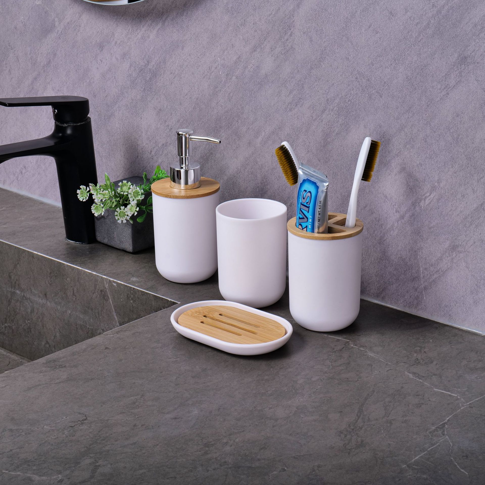 YUFEI跨境卫浴洗漱竹木六件套乳液泵牙刷杯肥皂盒北欧风简约套装详情19