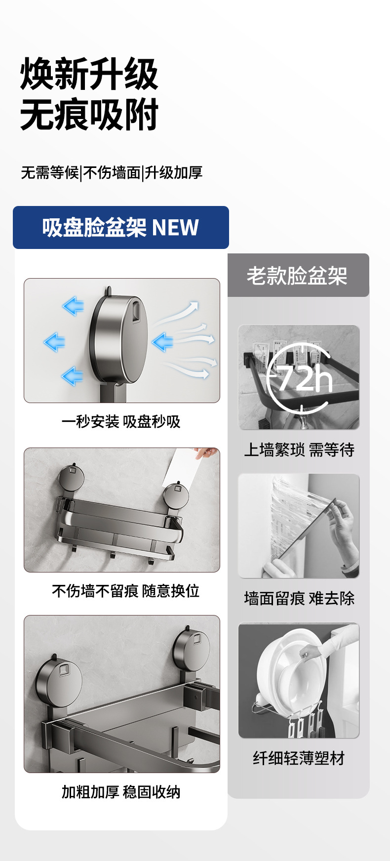 Gun ash suction cup basin storage rack, no need for drilling, bathroom wall-mounted folding basin rack, bathroom basin storage rack pic 4