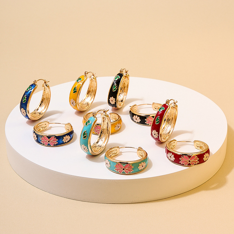 欧美精致复古时尚潮人圆圈耳扣微镶彩色百搭设计感花朵女士耳环详情1