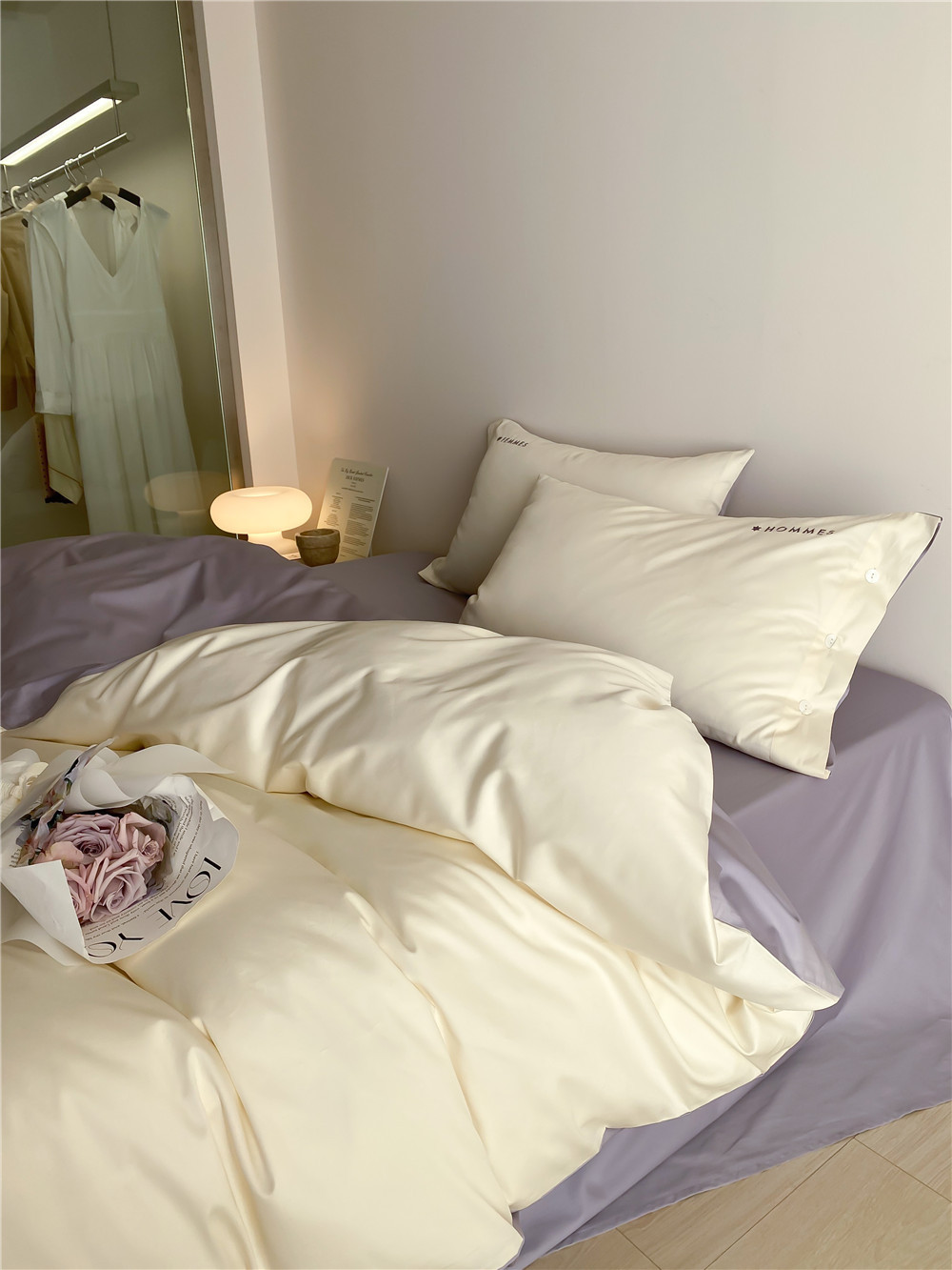 Simple, light luxury and fashionable solid-color long-staple cotton four-piece set, pure cotton letter-embroidered duvet cover, double bedding pic 13