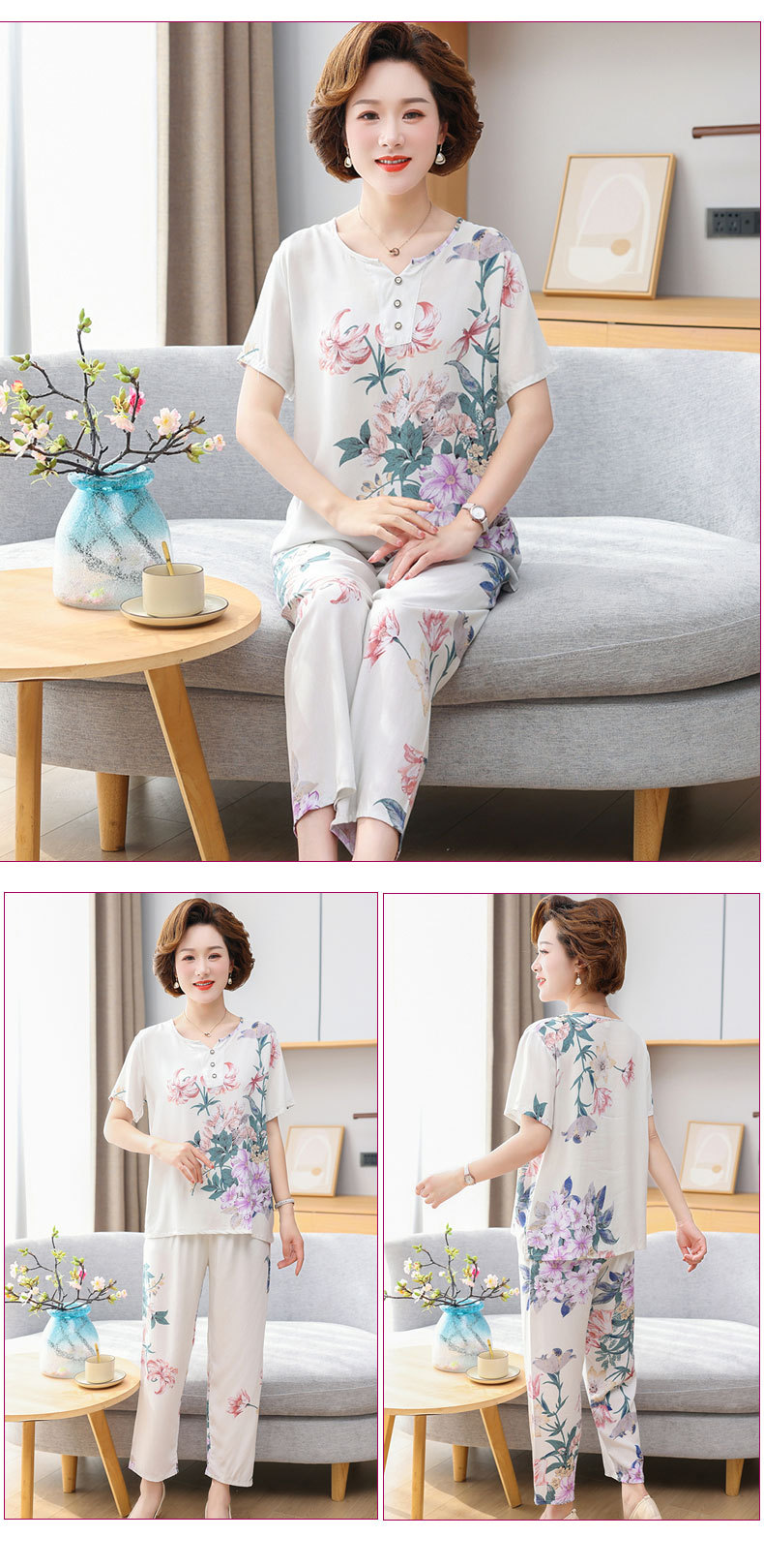 Cotton silk pajamas for women, summer short-sleeved suits, cotton silk for middle-aged and elderly mothers, large-sized artificial cotton home wear for women, suitable for wearing outside pic 13