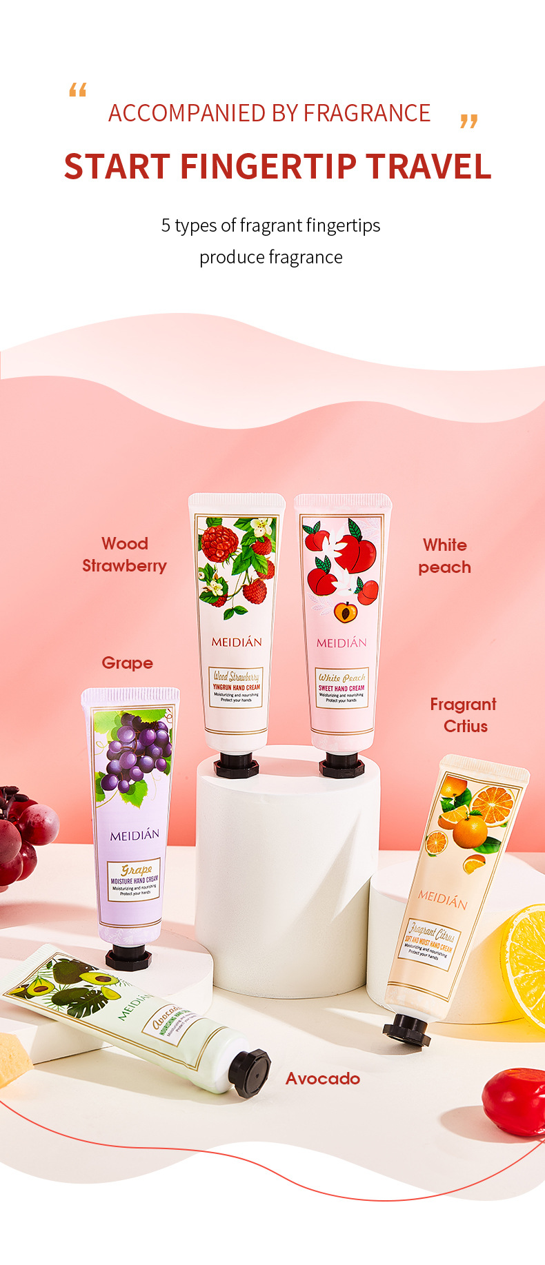 【 Exclusive for Foreign Trade 】 Wholesale of 5-bottle Set of Meidian Fruit Fragrance Hand Cream Moisturizing and Anti-Cracking Hand Cream pic 12