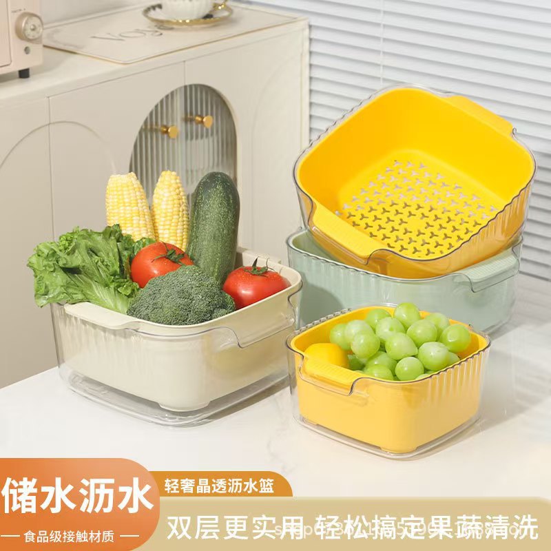 Durable household double-layer vegetable and fruit draining basket, living room vegetable washing basket, double-ear handle plastic kitchen vegetable washing basin for storage pic 6