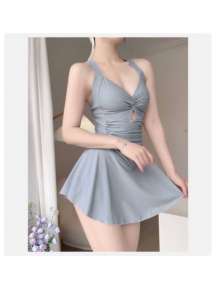 温泉泳衣女时尚爆款纯色显瘦遮肉连体裙式保守收腰性感游泳衣批发-028407详情6