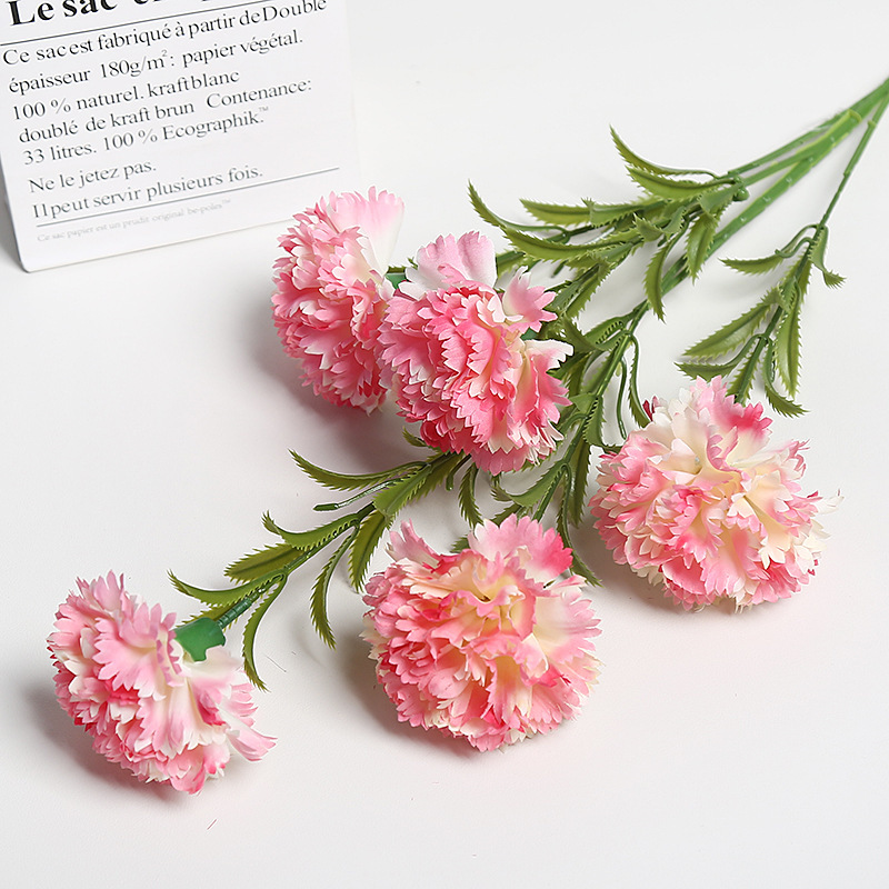 跨境仿真花5头康乃馨花束母亲节教师节装饰假花绢花花艺摆件道具详情7