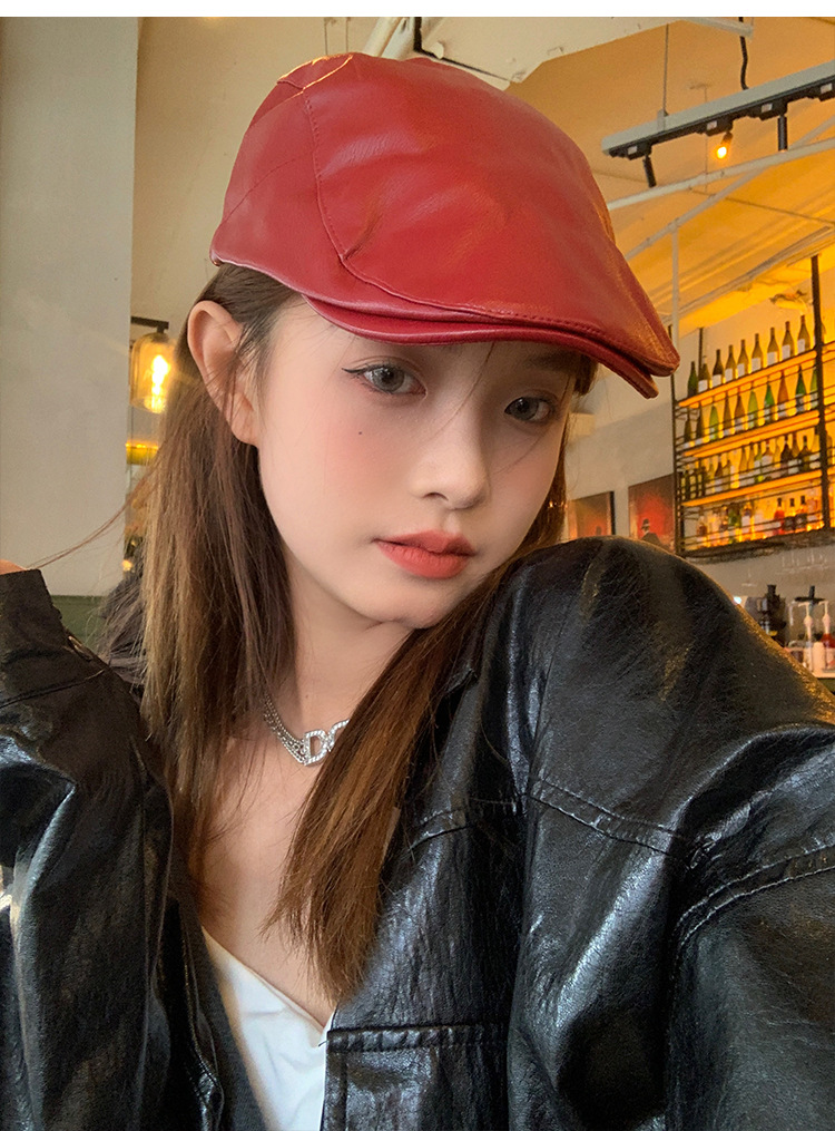 Red retro leather front hat, Korean style versatile duck tongue beret, fashionable newsboy cap, face-showing small hat pic 8
