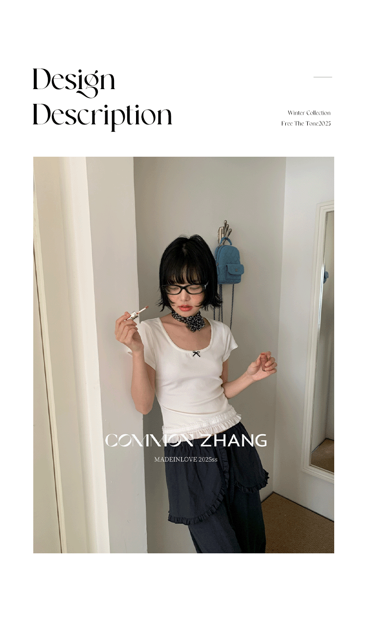 CZ ZHANG夏季韩版少女感减龄蝴蝶结拼接U领纯色天丝短袖T恤B20757详情2