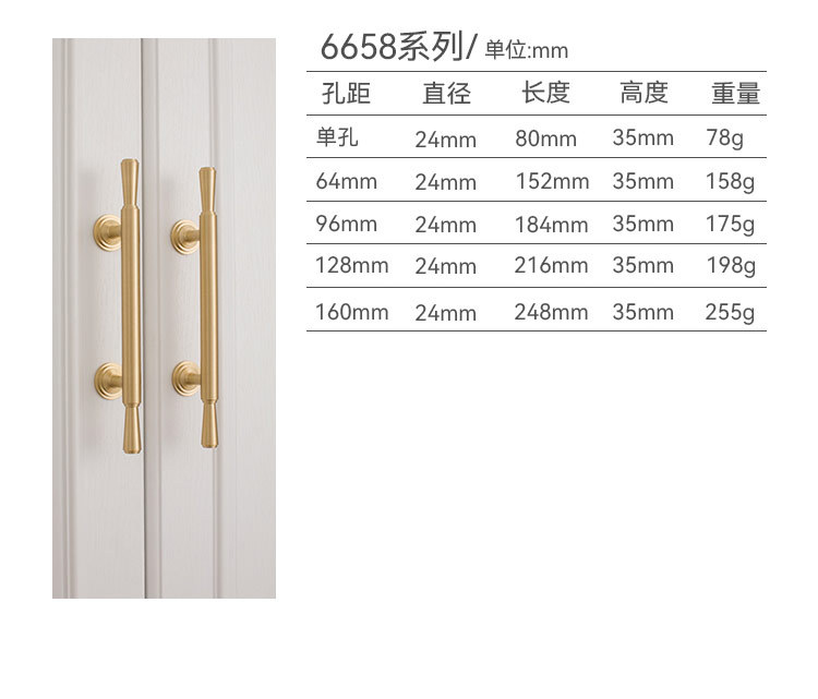 2022新款厂家直供现代简约黄铜门把手橱柜鞋柜衣柜柜门金色铜拉手详情37