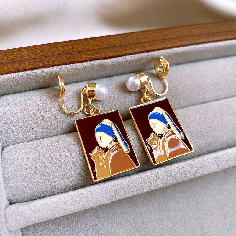 银针莫奈花园滴油女孩小猫珍珠款耳钉复古高级感耳环油画风耳饰女详情9