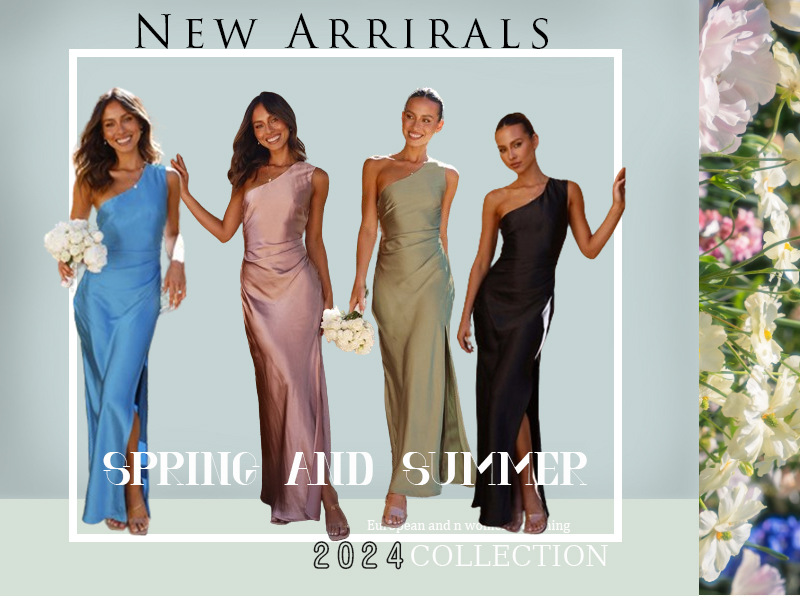 Cross-border Amazon 2024 Spring/Summer, European and American style, slimming, single-shoulder, socialite style, slit, sexy satin dress for women pic 1