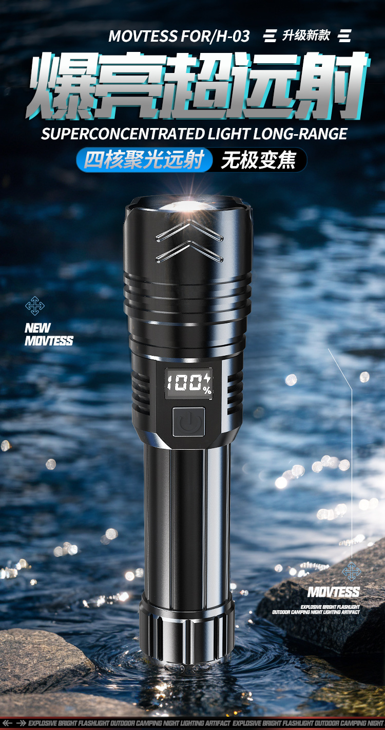 Cross-border flashlight, telescopic zoom flashlight, battery level display, long-lasting battery life, ultra-bright P50 zoom wholesale, USB charging pic 1