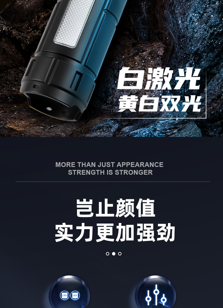 Cross-border white laser high-intensity flashlight, USB charging, telescopic focusing, ultra-bright long-range COB side light flashlight, outdoor pic 2