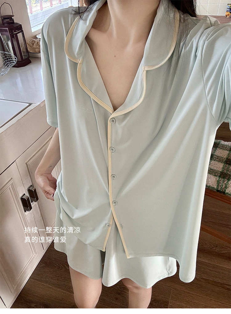 A two-piece set of casual wear for women in the original color ice leather, a summer pajama set with a cool and contrasting color, featuring new short-sleeved shirts and shorts pic 34