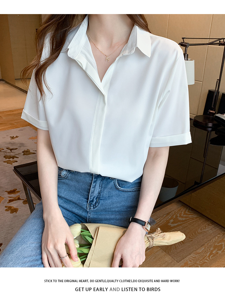 Real photos of in-stock 2025 summer new chiffon shirt for women, short-sleeved, simple and elegant office lady shirt and top for women pic 19