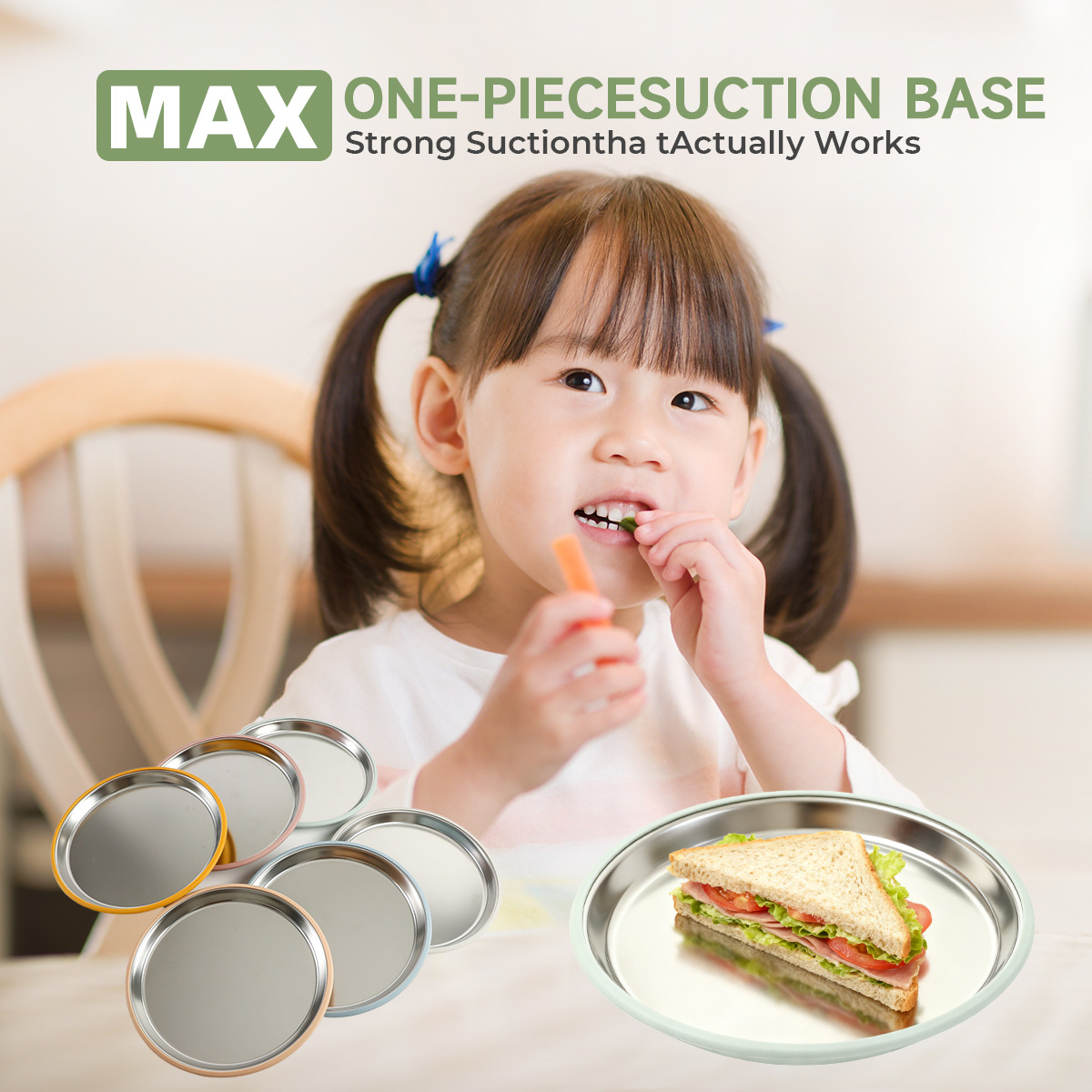 跨境热销不锈钢餐盘硅胶防滑吸盘套无分格隔热儿童喂养餐具餐盘详情3