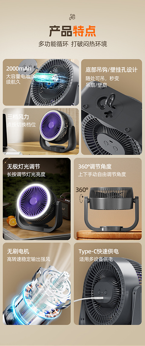 Cross-border new model light circulation fan for camping, office, student dormitory charging, night light fan M141 pic 3