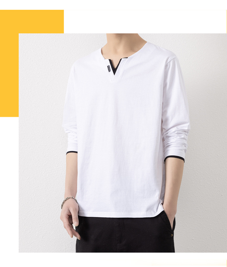 Two V-neck long-sleeved T-shirts for men, a thin spring and autumn top, pure cotton outerwear, a long Johns, a sweatshirt, and a casual base layer pic 17