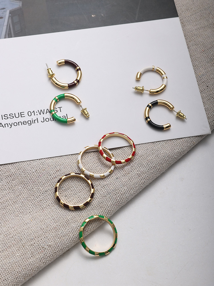 C形珐琅圈圈拼接耳环女法式轻奢小众设计感复古气质银针撞色耳圈详情20