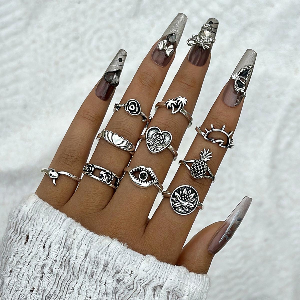 欧美跨境波西米亚海星扇贝戒指 沙滩风椰树蝴蝶雕花复古戒指套装详情14