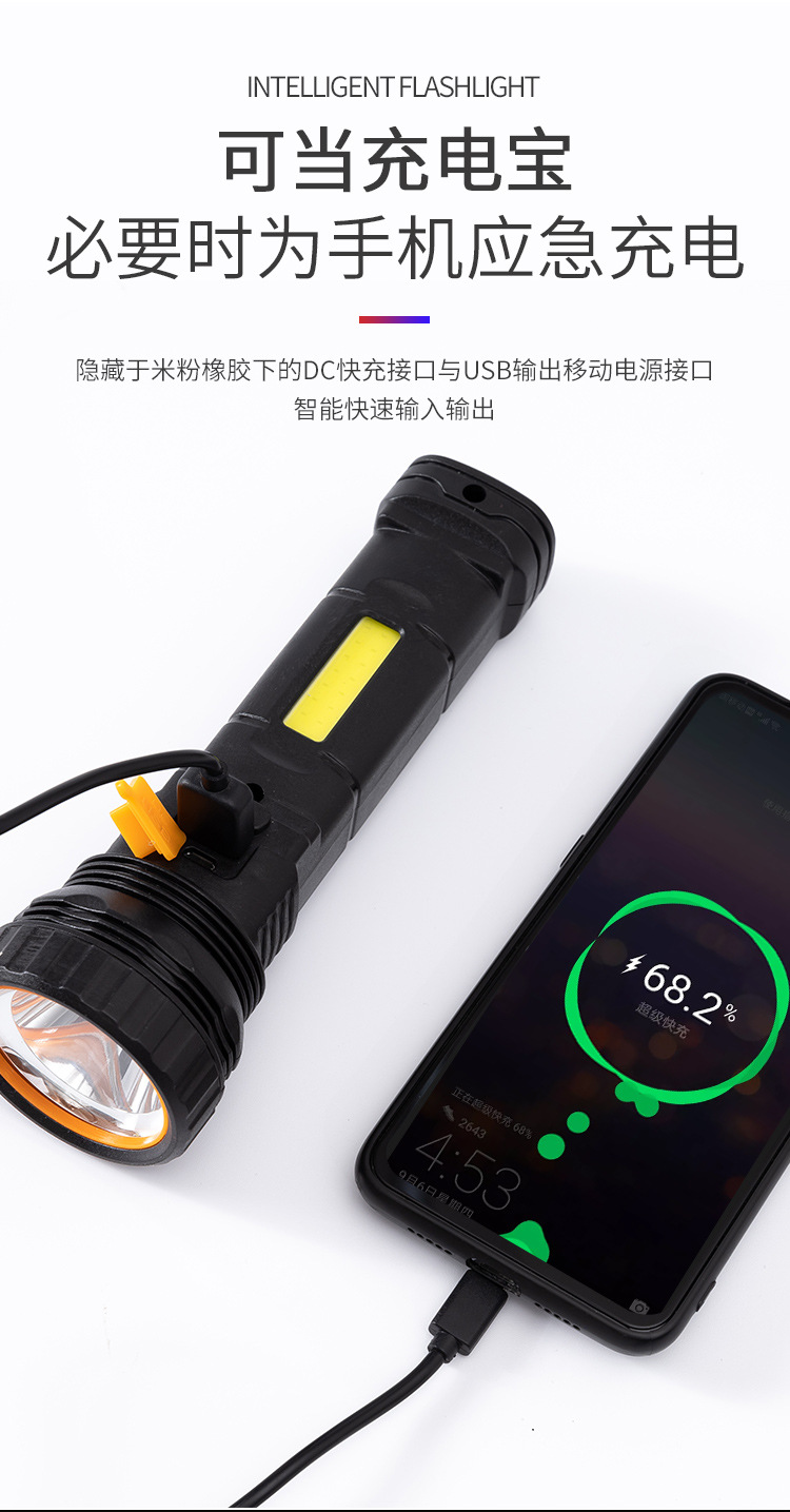 太阳能手电筒强光聚光户外充电便捷超亮带侧灯礼品跨境厂家直销详情10