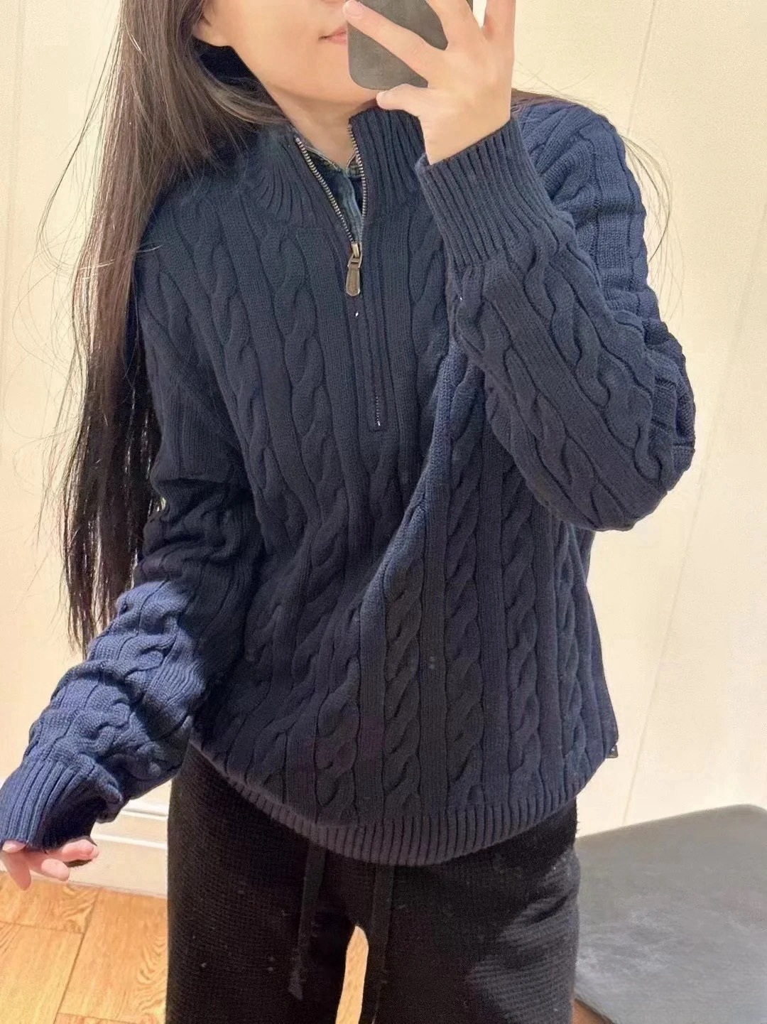 24221款秋冬美式男女款半拉链Polo针织衫宽松绞花套头保暖毛衣详情6