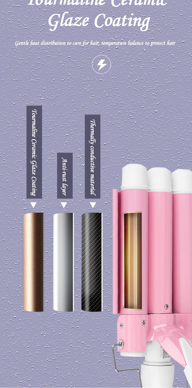 廠家直銷電動卷發(fā)棒家用蛋卷棒夾板金色三棒卷發(fā)器大波浪電卷棒詳情8