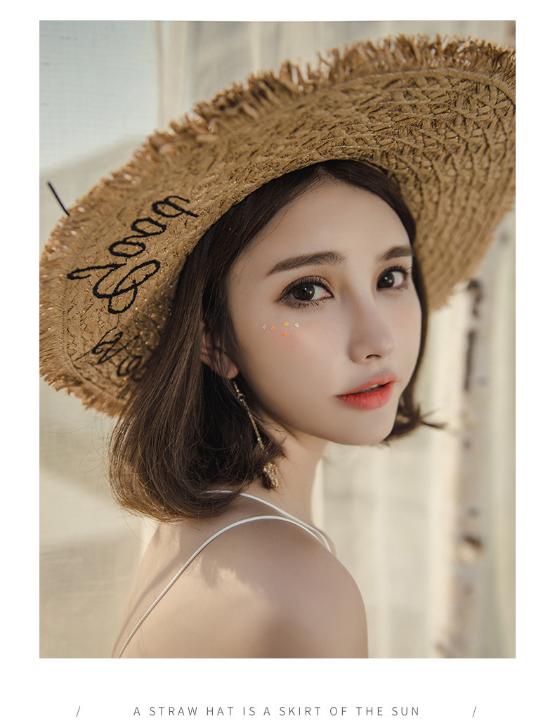 帽子女夏季字母刺绣毛边大沿沙滩太阳帽出游海边度假防晒遮阳草帽详情10