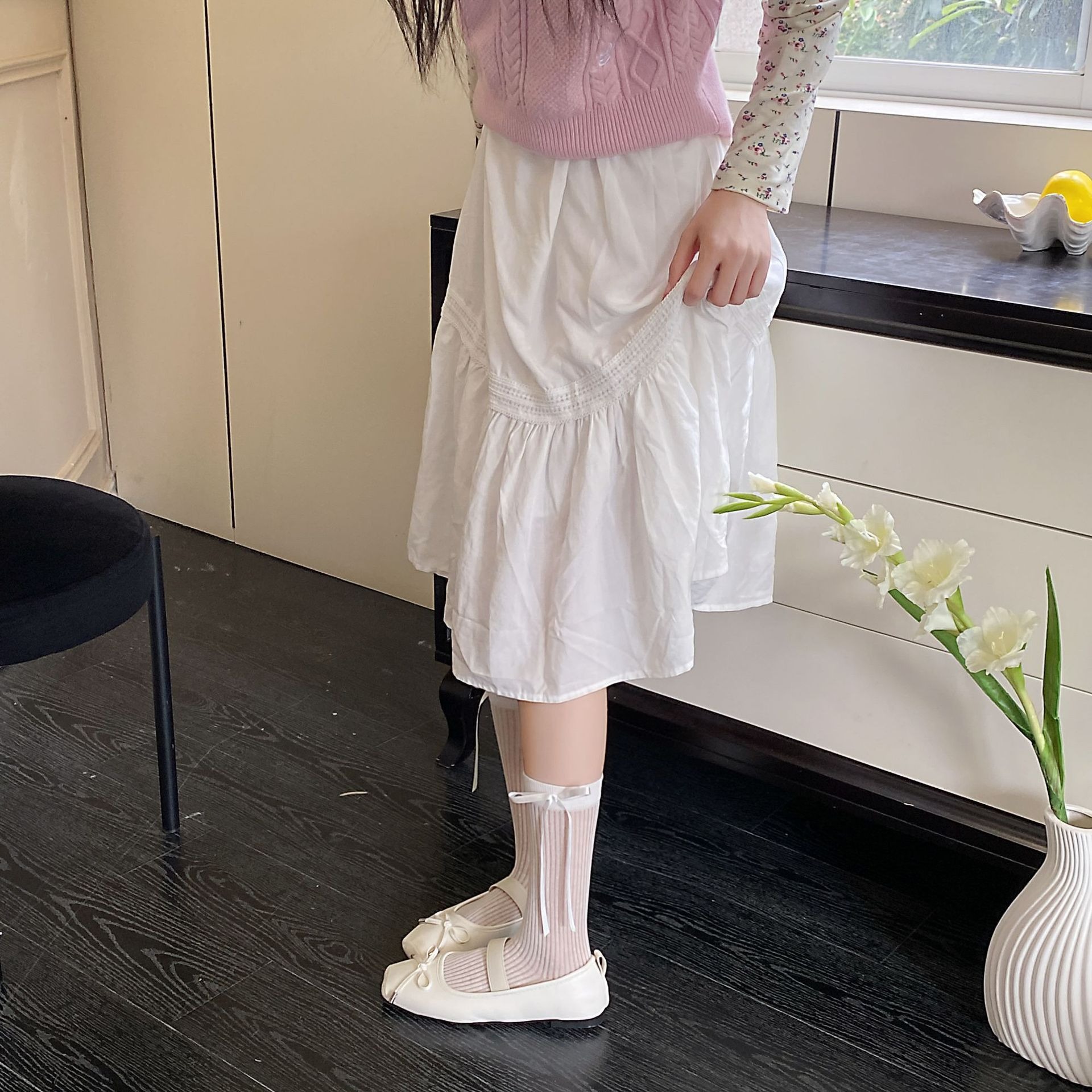 丝带蝴蝶结袜子女芭蕾风甜美少女中筒袜夏季薄款竖条jk堆堆袜飘带详情8