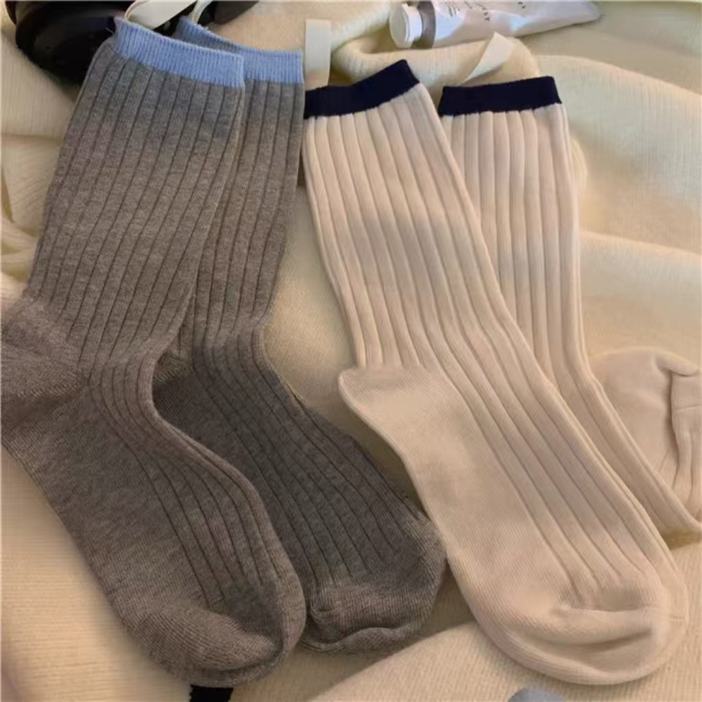 袜子女秋季小布标撞色中筒袜日系简约竖纹潮袜纯色拼接百搭堆堆袜详情3