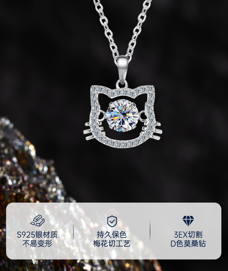 S925 pure silver pink little cat necklace for girls, new light luxury, niche and high-end design, collarbone chain moissanite pic 2